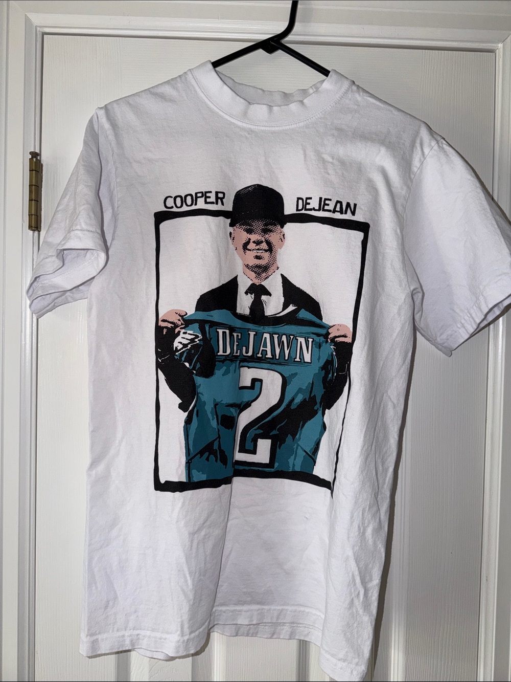 White Graphic Men’s T-Shirt with Teal Jersey Print